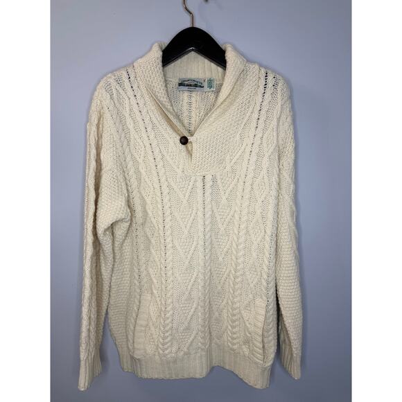 Aran Crafts Shawl Collar Wool Cable Knit Fisherman Sweater Ivory Men's XL - Picture 1 of 10